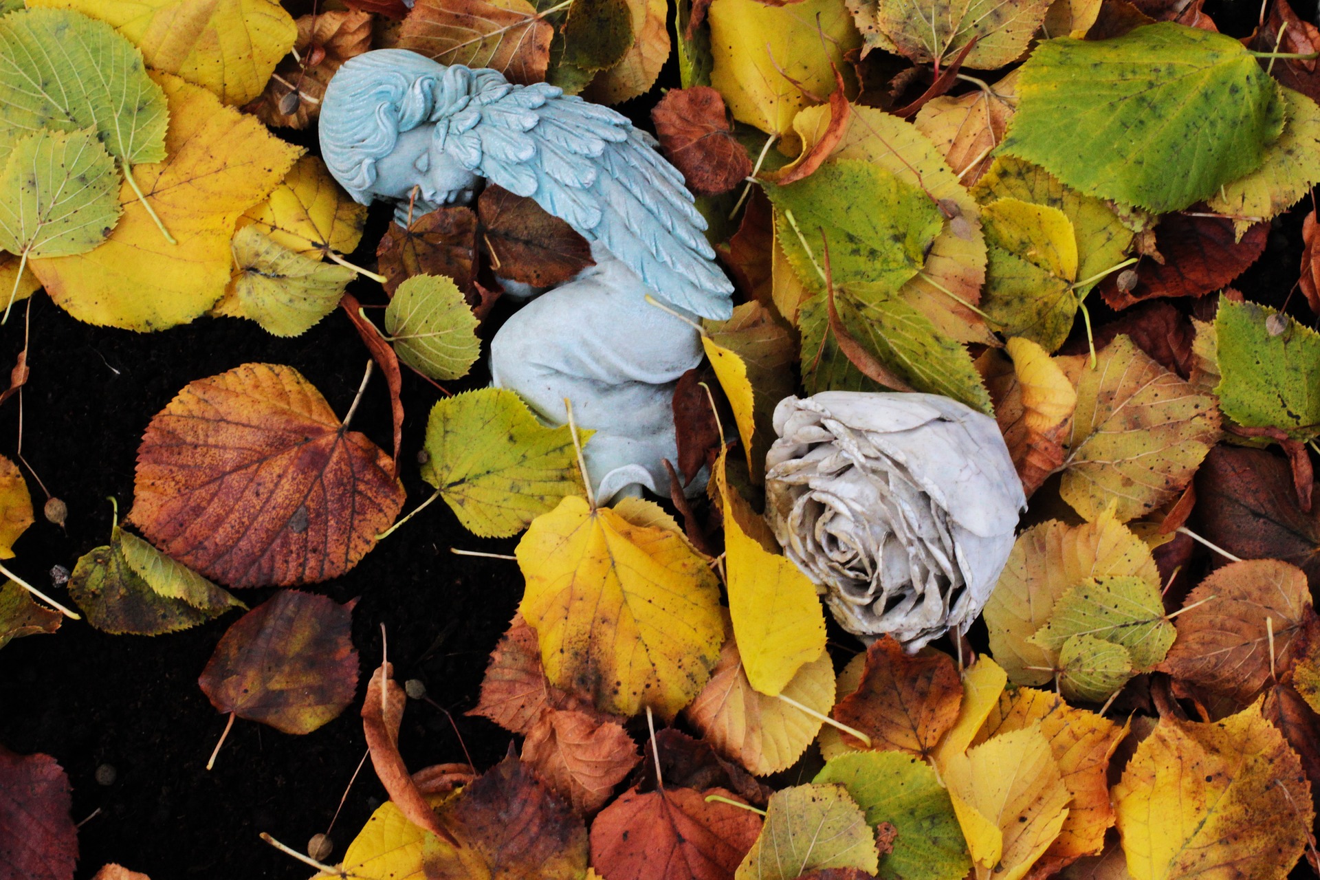Herbstblätter und ein Engel symbolisieren die Wärme und Hoffnung während einer Beerdigungszeremonie. Herbstblätter und ein Engel symbolisieren die Wärme und Hoffnung während einer Beerdigungszeremonie.
