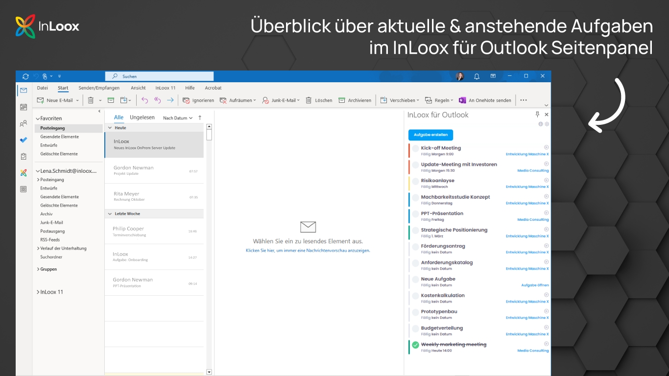 Neues InLoox für Outlook - Aufgabenliste im Seitenpanel (Die Bildrechte liegen bei dem Verfasser der Mitteilung.) Neues InLoox für Outlook - Aufgabenliste im Seitenpanel (Die Bildrechte liegen bei dem Verfasser der Mitteilung.)