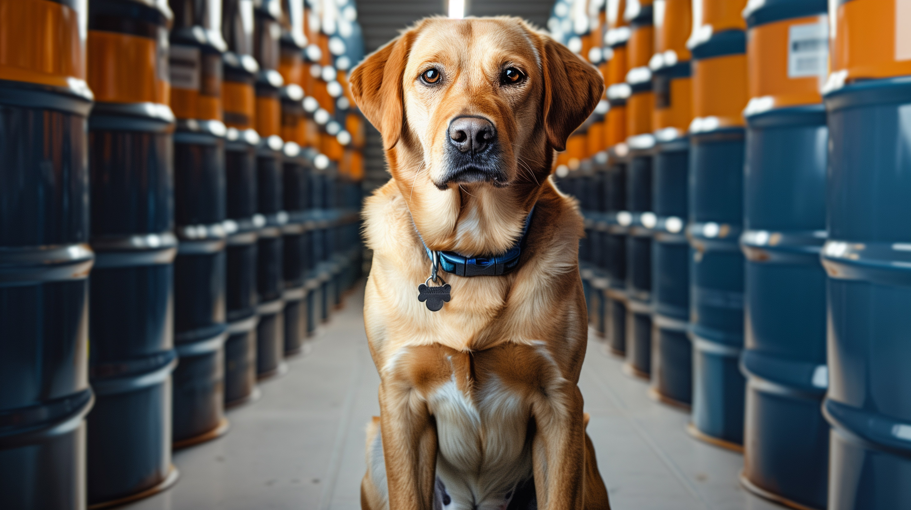 Sprengstoffspürhund vor Fässern, KI generiertes Symbolbild (Die Bildrechte liegen bei dem Verfasser der Mitteilung.) Sprengstoffspürhund vor Fässern, KI generiertes Symbolbild (Die Bildrechte liegen bei dem Verfasser der Mitteilung.)