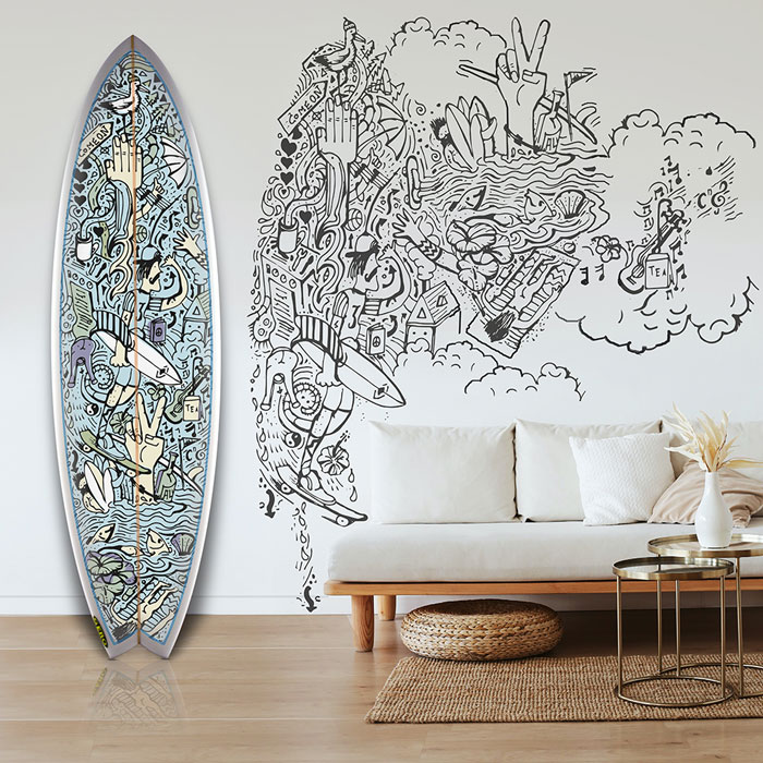 Dekoration Interiour: Gebrauchte Surfboards veredelt mit unseren Grafikvliesen.