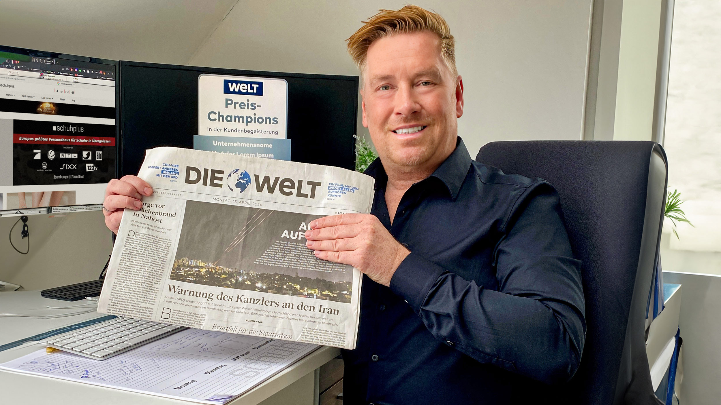 WELT-Award für schuhplus: Firmengründer Kay Zimmer freut sichüber den Titel"Preis-Champion 2024" (Die Bildrechte liegen bei dem Verfasser der Mitteilung.)