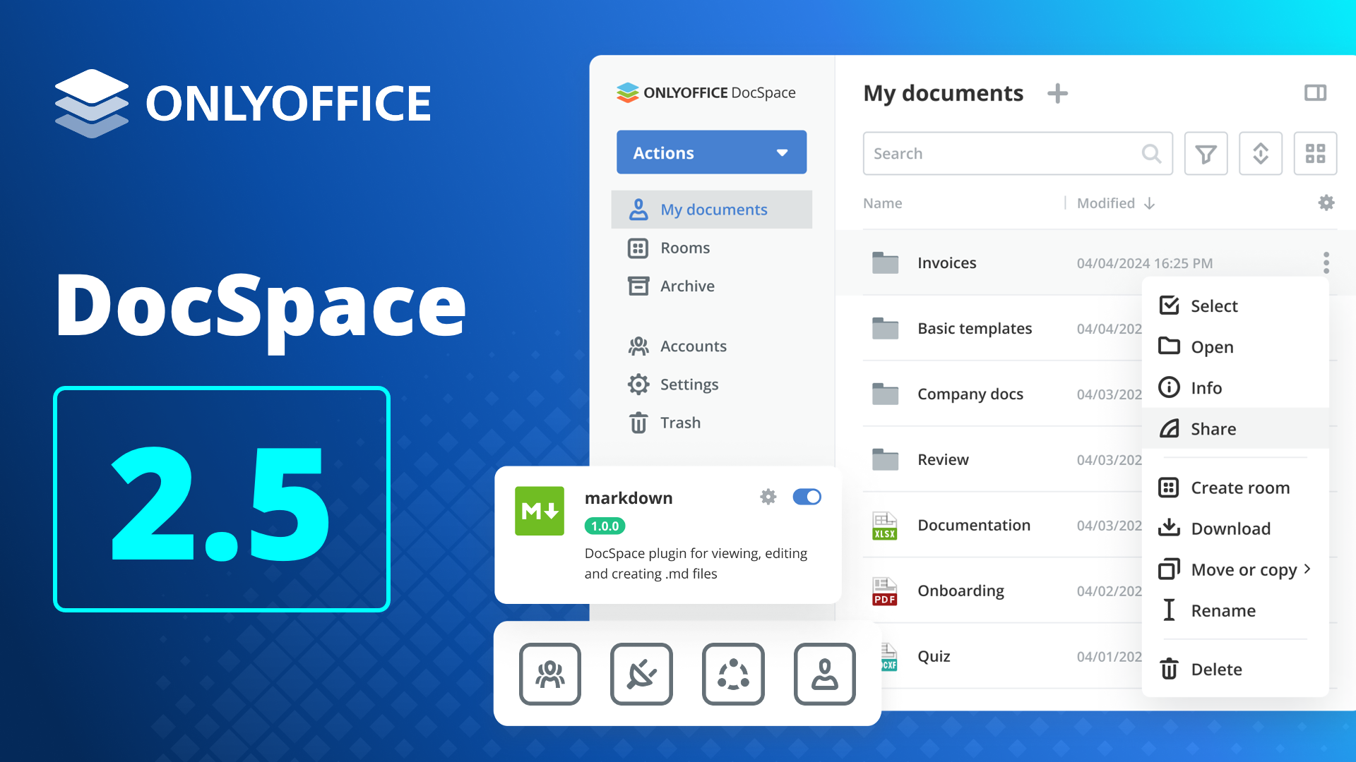 Die neue Version von ONLYOFFICE DocSpace bietet zahlreiche Neuerungen auf der gesamten Plattform. Die neue Version von ONLYOFFICE DocSpace bietet zahlreiche Neuerungen auf der gesamten Plattform.