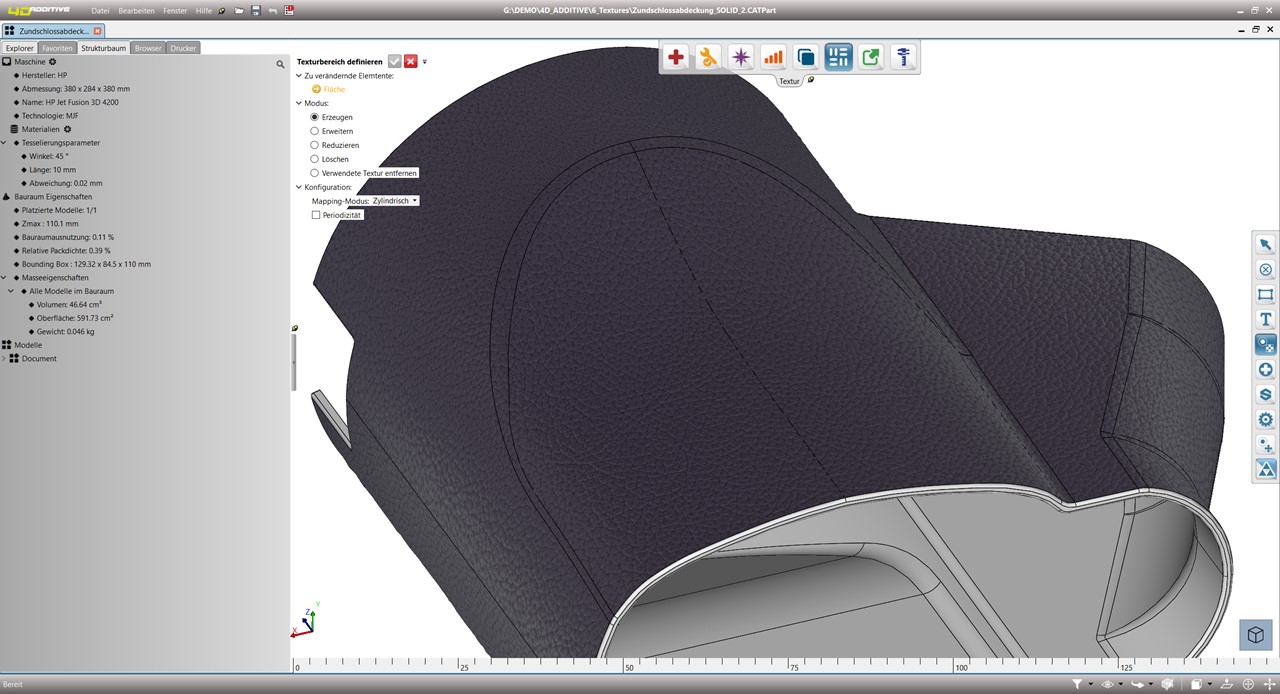 Mit 4D_Additive werden VDI-Oberflächentexturen direkt auf den CAD-Modellen erzeugt (Bildquelle: CoreTechnologie GmbH) Mit 4D_Additive werden VDI-Oberflächentexturen direkt auf den CAD-Modellen erzeugt (Bildquelle: CoreTechnologie GmbH)