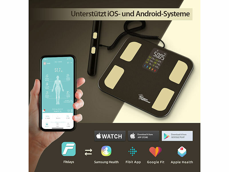 newgen medicals Digitale Akku-Körperfettwaage mit Handsensoren und App, bis 180 kg, www.pearl.de (Die Bildrechte liegen bei dem Verfasser der Mitteilung.)