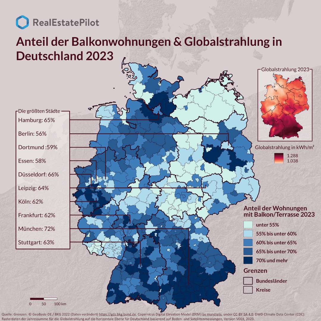 Anteil der Balkonwohnungen und Globalstrahlung 2023 (Die Bildrechte liegen bei dem Verfasser der Mitteilung.)