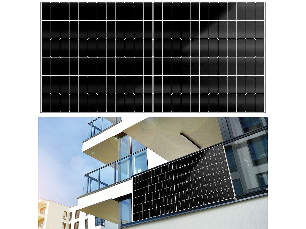 DAH Solar Monokristallines Solarmodul mit NTopCon-Halbzellen, 585 Watt, Full Screen, www.pearl.de (Die Bildrechte liegen bei dem Verfasser der Mitteilung.) DAH Solar Monokristallines Solarmodul mit NTopCon-Halbzellen, 585 Watt, Full Screen, www.pearl.de (Die Bildrechte liegen bei dem Verfasser der Mitteilung.)