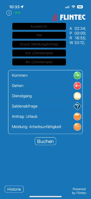 Flintec App für mobile Zeiterfassung mit Modul mobile HR-Workflows (Die Bildrechte liegen bei dem Verfasser der Mitteilung.) Flintec App für mobile Zeiterfassung mit Modul mobile HR-Workflows (Die Bildrechte liegen bei dem Verfasser der Mitteilung.)