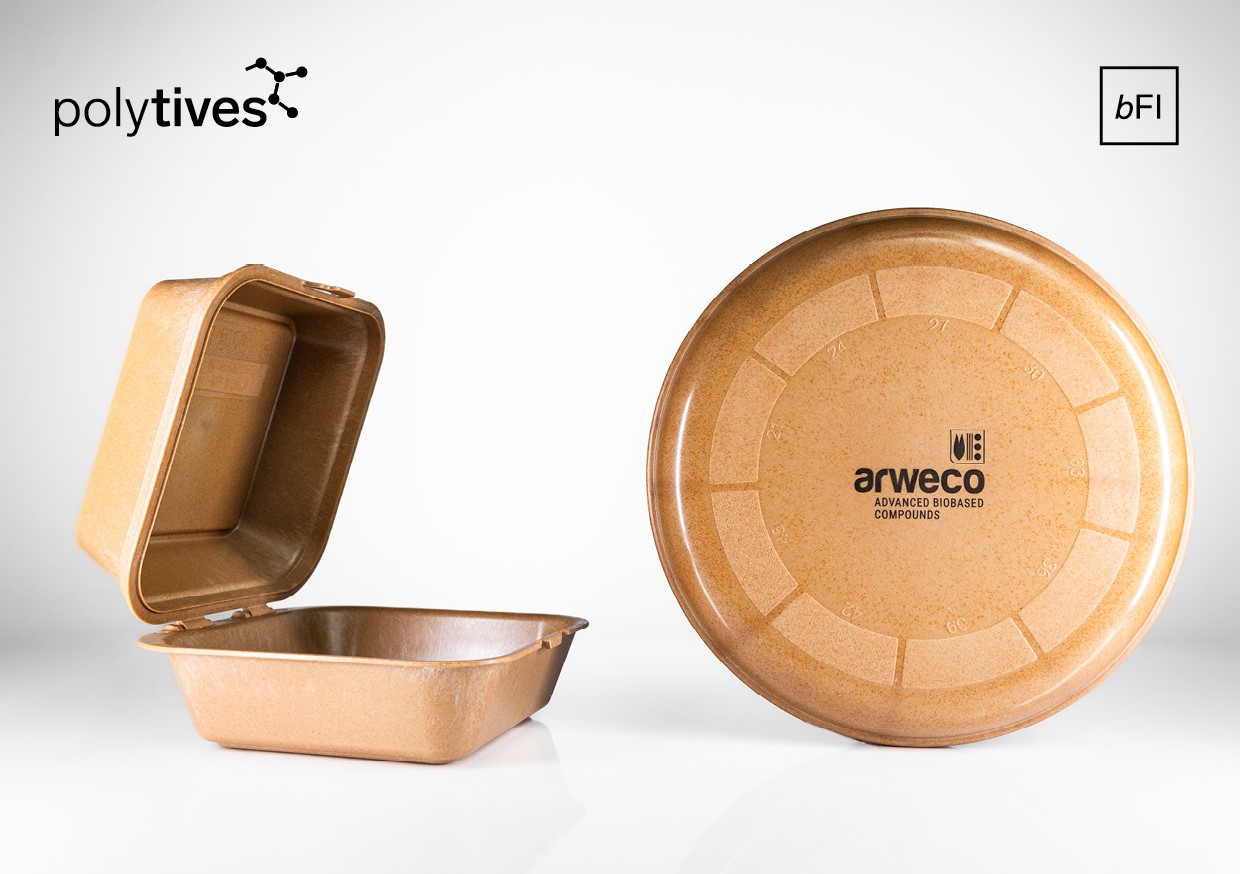 Umweltfreundliche Fastfood-Mehrweg-Verpackung und Frisbee-Scheibe aus bio-basiertem Material. (Bildquelle: Foto: Polytives) Umweltfreundliche Fastfood-Mehrweg-Verpackung und Frisbee-Scheibe aus bio-basiertem Material. (Bildquelle: Foto: Polytives)
