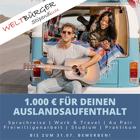 1.00€für deinen Auslandsaufenthalt mit den Weltbürger-Stipendien. Bis zum 31.07. bewerben. (Die Bildrechte liegen bei dem Verfasser der Mitteilung.) 1.00€für deinen Auslandsaufenthalt mit den Weltbürger-Stipendien. Bis zum 31.07. bewerben. (Die Bildrechte liegen bei dem Verfasser der Mitteilung.)