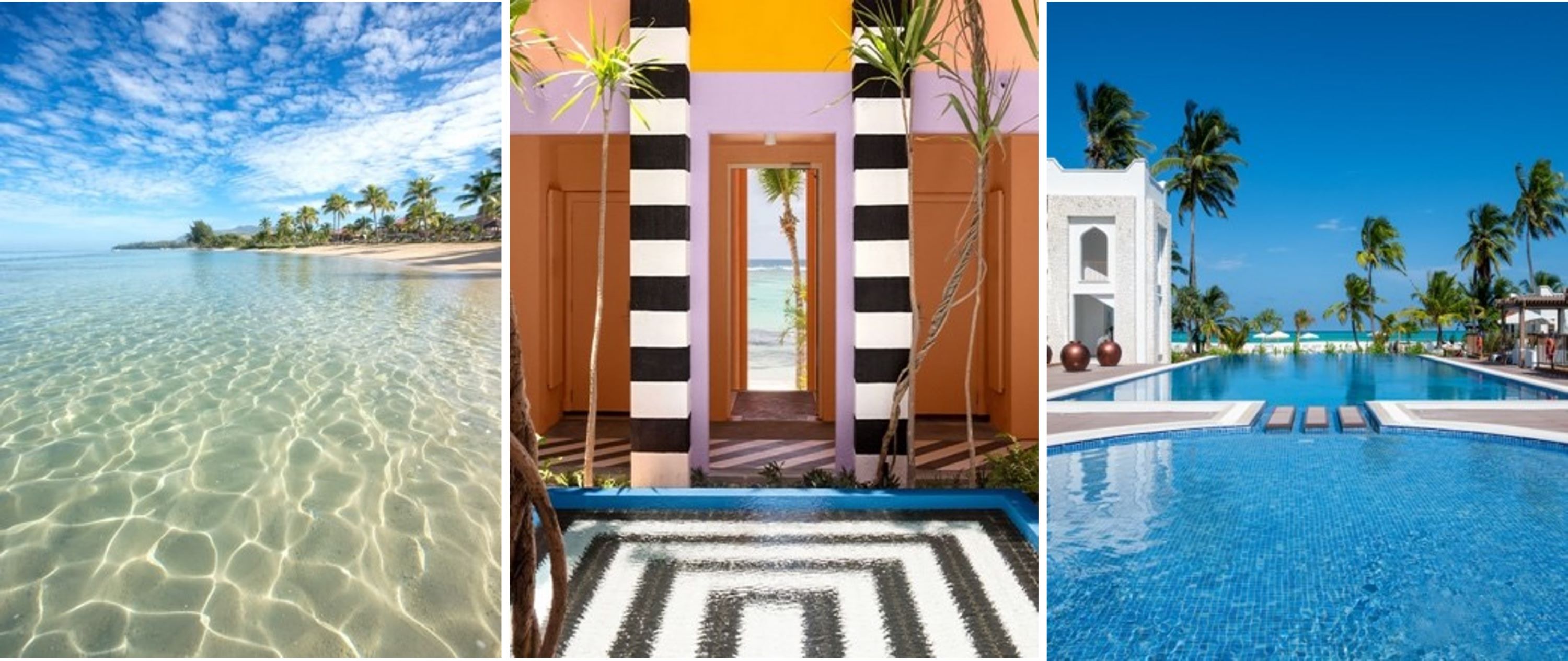 Fotos (L-R): LUX* Marijani Zanzibar, Tansania; SALT of Palmar, Mauritius; TAMASSA Resort, Mauritius (Bildquelle: (c) The Lux Collective)