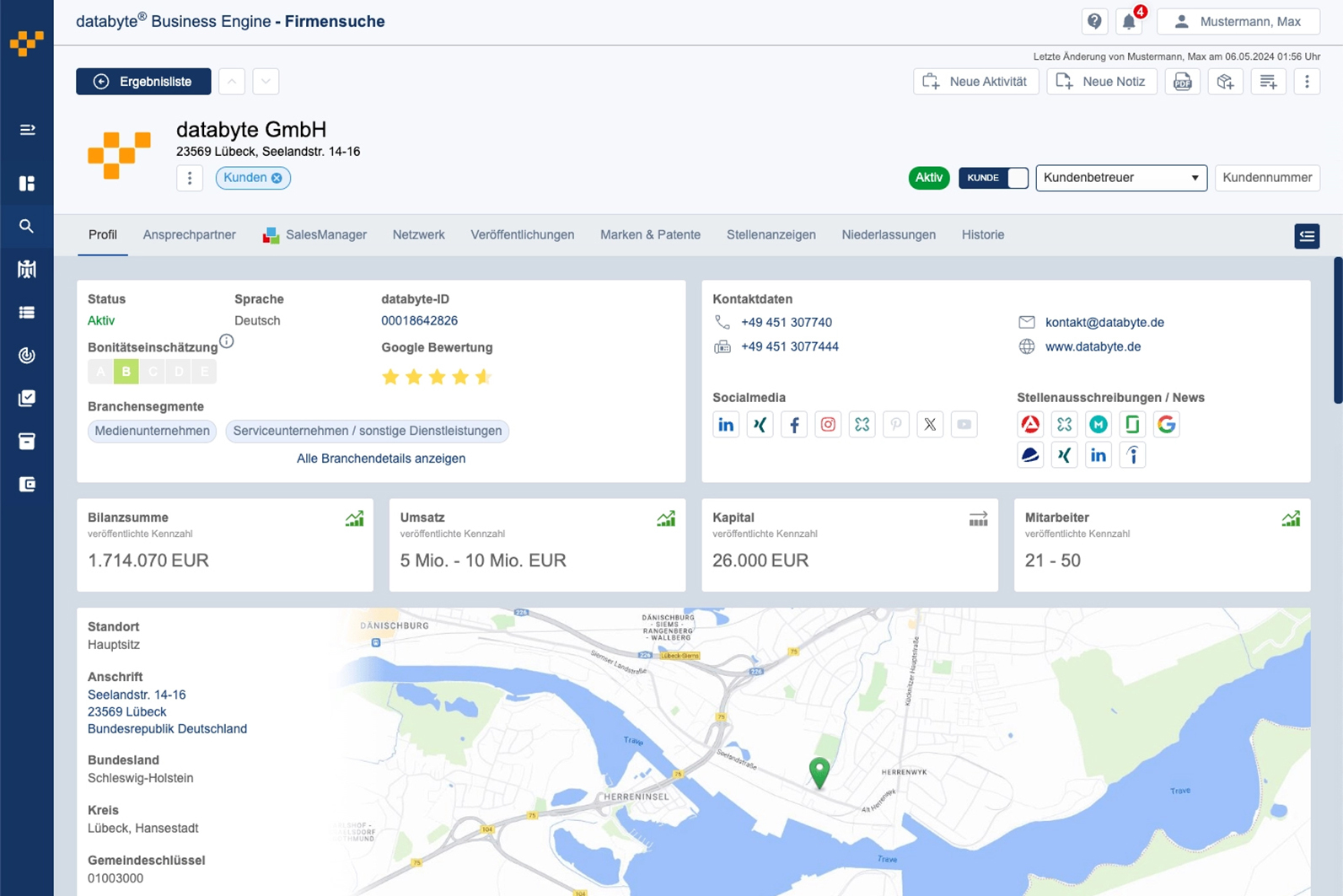 Die Business Engine 2.0 gewährt Einblicke in Unternehmensinformationen und gibtÜberblicküber Leads (Bildquelle: databyte GmbH)