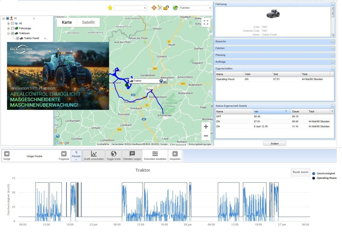 Maschinenstunden live & online durch Telematik, Kartenansicht im Portal mit Details. (© Screenshot / Foto: AREALCONTROL GmbH) Maschinenstunden live & online durch Telematik, Kartenansicht im Portal mit Details. (© Screenshot / Foto: AREALCONTROL GmbH)