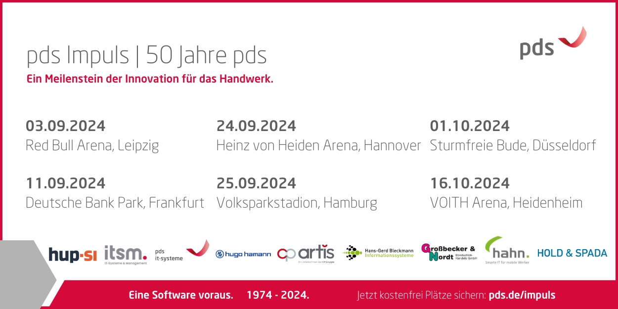 Auf Tour für das digitale Handwerk: pds startet Stadion-Eventreihe pds Impuls 2024 (Die Bildrechte liegen bei dem Verfasser der Mitteilung.) Auf Tour für das digitale Handwerk: pds startet Stadion-Eventreihe pds Impuls 2024 (Die Bildrechte liegen bei dem Verfasser der Mitteilung.)