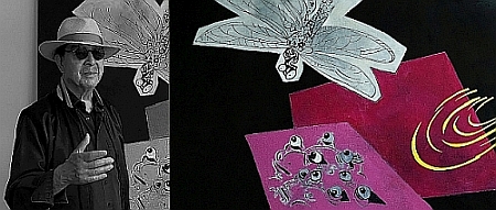 Kanjo Také vor seinem Werk „Water Lily – Dragon Fly“; (c) Kanjo Také