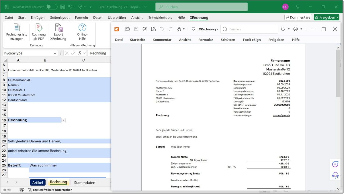 Eine XRechnung direkt aus Excel (© gaeb-online) Eine XRechnung direkt aus Excel (© gaeb-online)