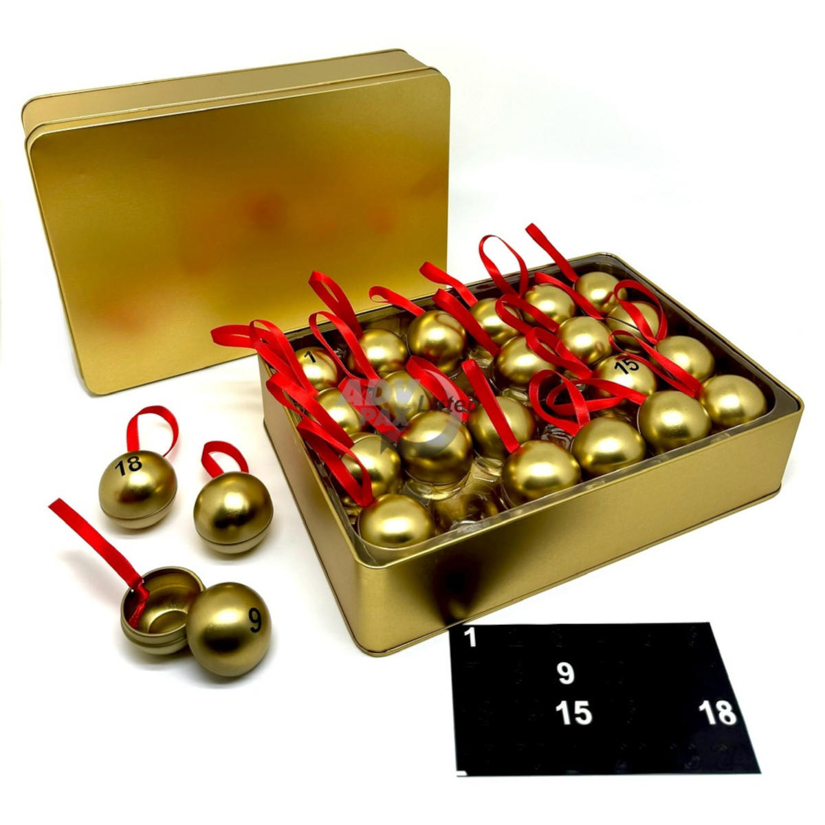 Nachhaltiges, wiederverwendbares Adventskalender-Set mit 24 Metallkugeln, Zahlen-Aufklebern und Aufbewahrungs-Box. ADV PAX Lutec