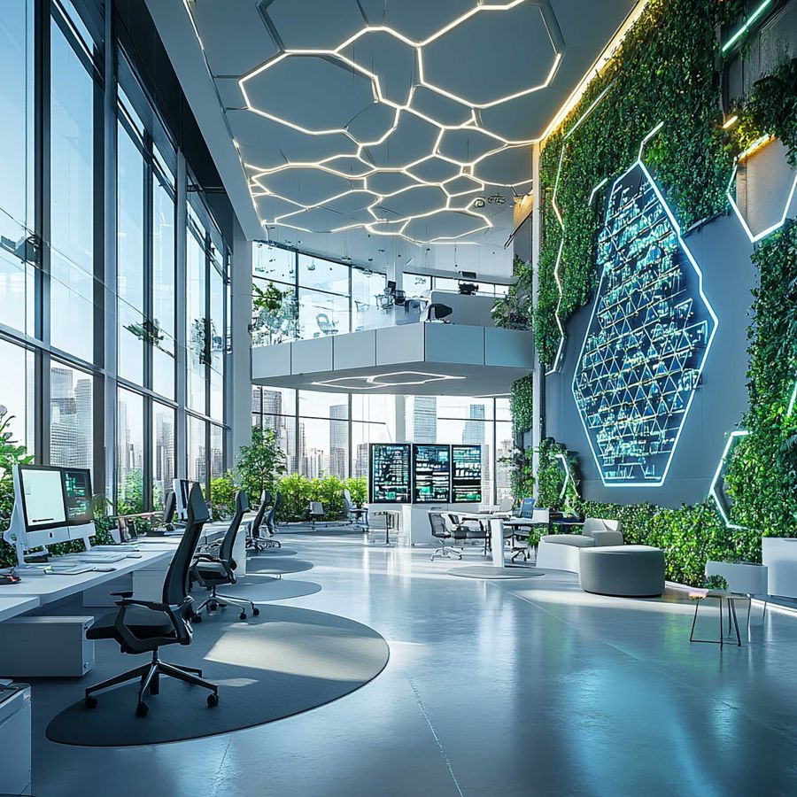 Futuristisches Büro: KI und nachhaltiges Design vereinen Effizienz, Flexibilität und Wohlbefinden.