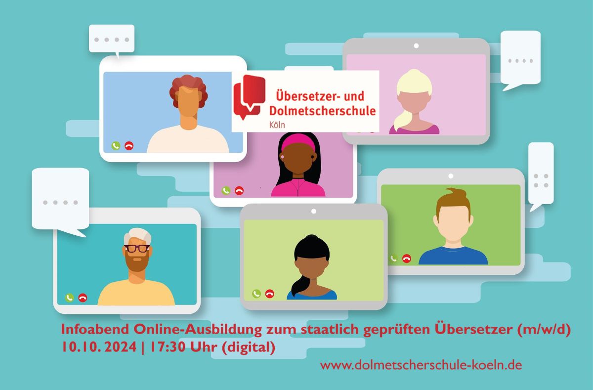 Am 10.10. informiert die Übersetzer- u. Dolmetscherschule Köln über die Online-Ausbildung Übersetzer (© RBZ) Am 10.10. informiert die Übersetzer- u. Dolmetscherschule Köln über die Online-Ausbildung Übersetzer (© RBZ)