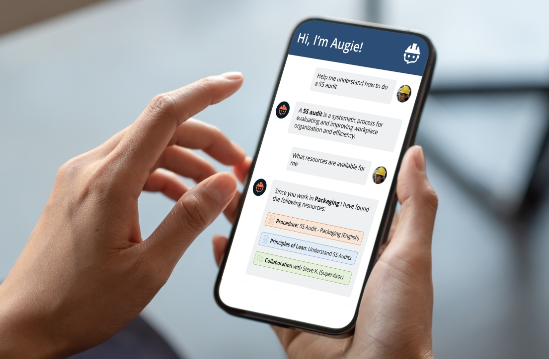 Augie, der GenAI-Assistent von Augmentir, unterstützt Industriearbeitskräfte bei ihrer Arbeit. (Bildquelle: Augmentir) Augie, der GenAI-Assistent von Augmentir, unterstützt Industriearbeitskräfte bei ihrer Arbeit. (Bildquelle: Augmentir)