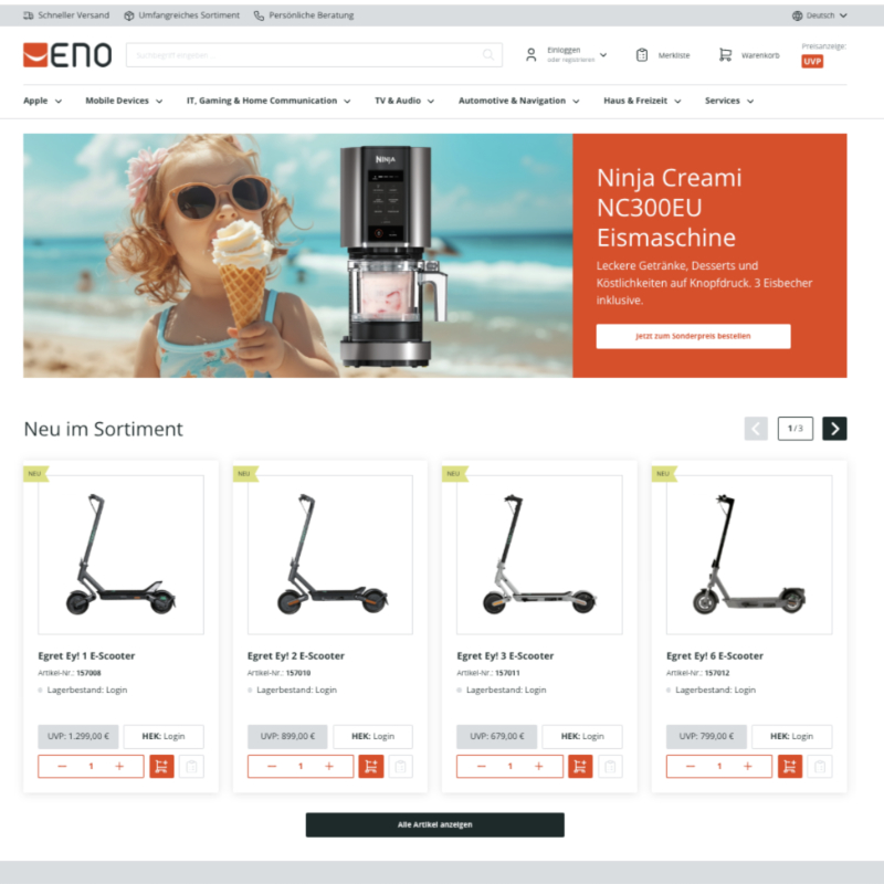 Die neue Oberfläche des ENO B2B-Onlineshops (Die Bildrechte liegen bei dem Verfasser der Mitteilung.) Die neue Oberfläche des ENO B2B-Onlineshops (Die Bildrechte liegen bei dem Verfasser der Mitteilung.)
