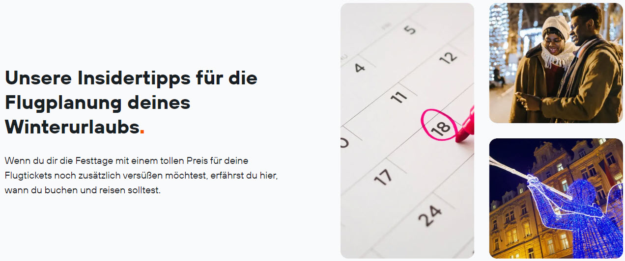 Was ist der beste Buchungszeitpunkt für die Weihnachtsferien? (Bildquelle: KAYAK Europe GmbH)