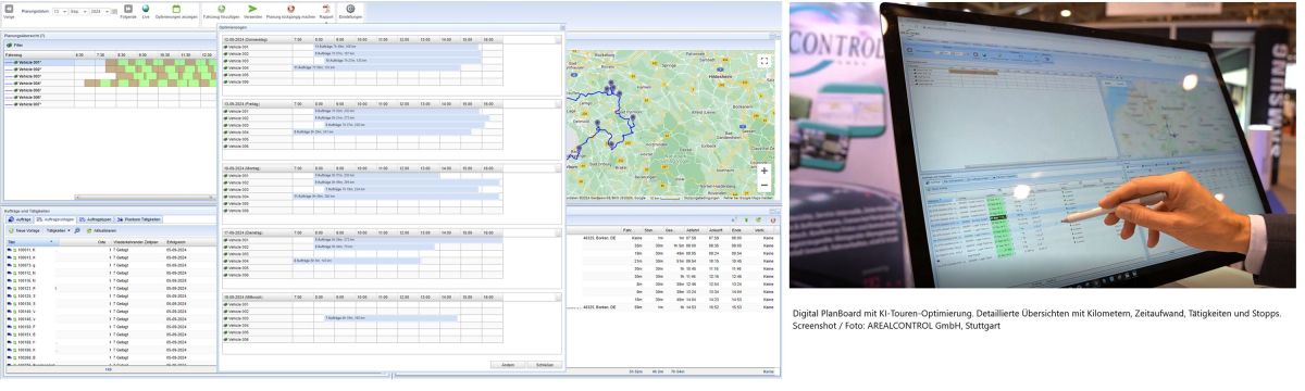 Digital PlanBoard mit KI-Touren-Optimierung. Detaillierte Übersichten mit Kilometern, Zeiten, Stopps (© AREALCONTROL GmbH) Digital PlanBoard mit KI-Touren-Optimierung. Detaillierte Übersichten mit Kilometern, Zeiten, Stopps (© AREALCONTROL GmbH)