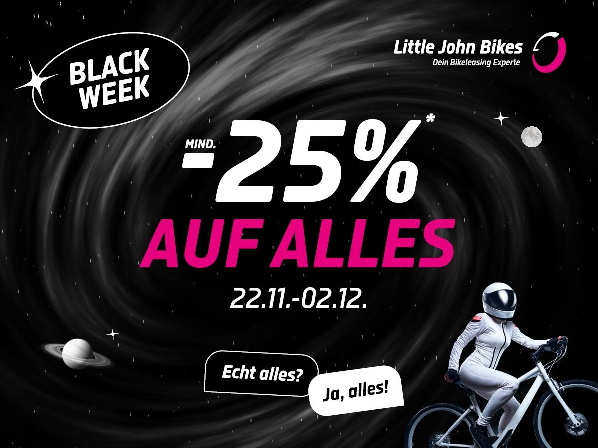 Black Week bei Little John Bikes: mind. -25% auf E-Bikes, Fahrräder, Zubehör & JobRad / Bikeleasing (© Little John Bikes GmbH)