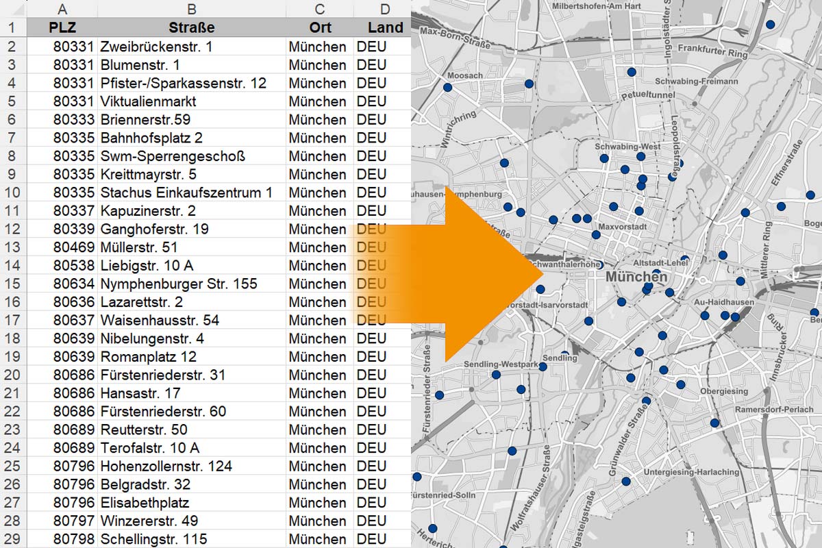Adressen automatisch geokodieren und auf die Landkarte bringen mit dem QGIS Plugin von WIGeoGIS (Die Bildrechte liegen bei dem Verfasser der Mitteilung.) Adressen automatisch geokodieren und auf die Landkarte bringen mit dem QGIS Plugin von WIGeoGIS (Die Bildrechte liegen bei dem Verfasser der Mitteilung.)