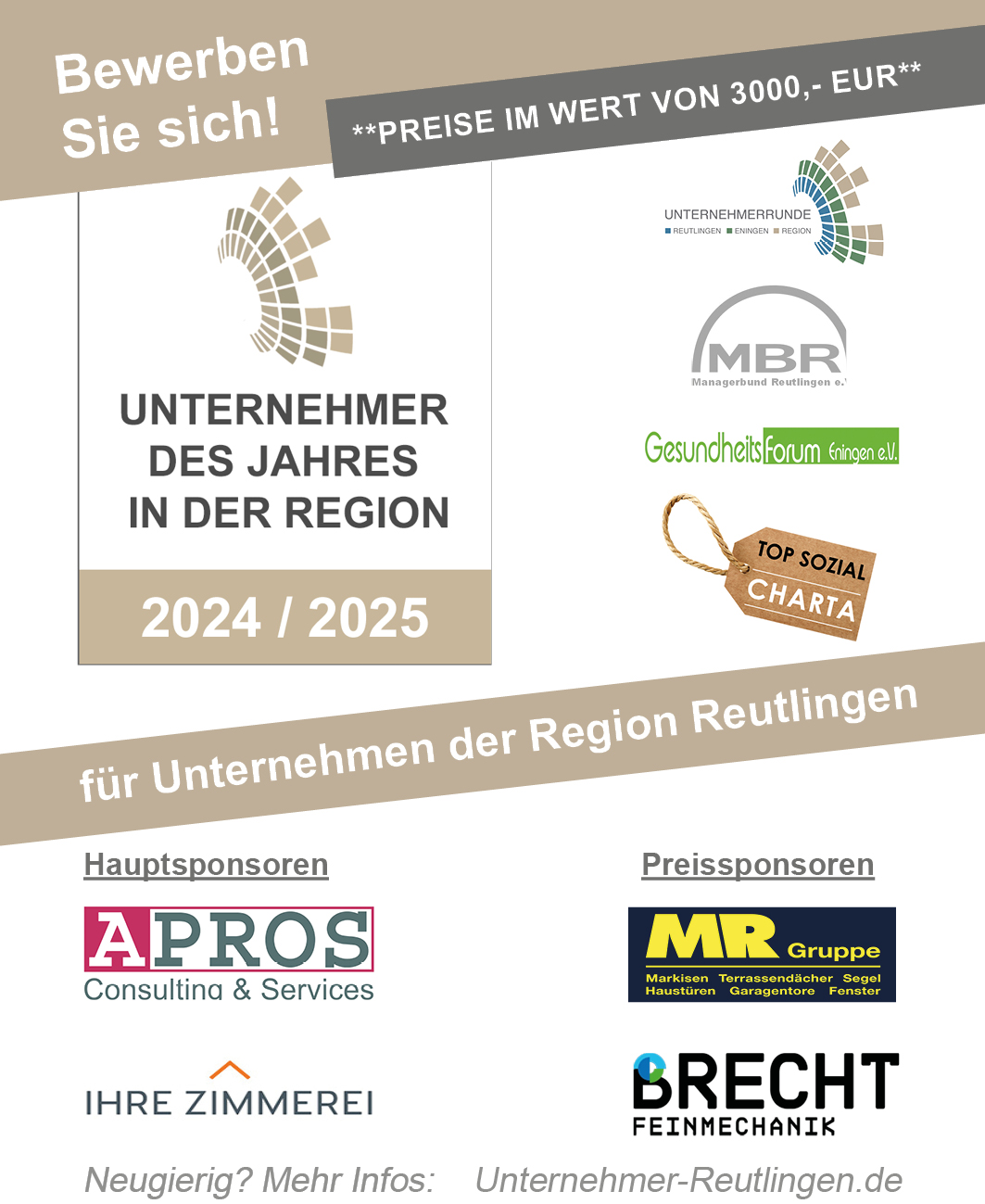 Jeder Betrieb kann sich bewerben! Wettbewerb Unternehmer des Jahres in der Region Reutlingen 2025 (Die Bildrechte liegen bei dem Verfasser der Mitteilung.) Jeder Betrieb kann sich bewerben! Wettbewerb Unternehmer des Jahres in der Region Reutlingen 2025 (Die Bildrechte liegen bei dem Verfasser der Mitteilung.)