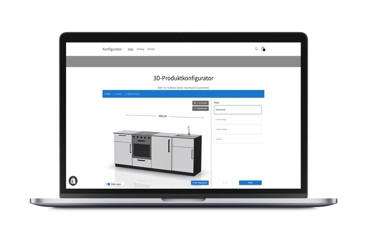 K3 Produktkonfigurator im Shopify-Shop mit Warenkorb-Anbindung (© ObjectCode GmbH)