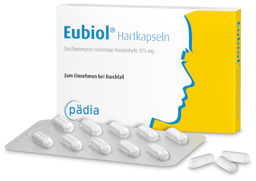 Eubiol®Hartkapseln 375 mg von Pädia, Schachtel mit Blister und Kapseln©Pädia GmbH (Die Bildrechte liegen bei dem Verfasser der Mitteilung.)