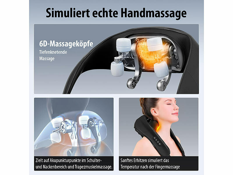 newgen medicals 6D-Shiatsu-Nackenmassagegerät, 2.000-mAh-Akku, 2 Heizstufen, USB-C, www.pearl.de (Die Bildrechte liegen bei dem Verfasser der Mitteilung.)