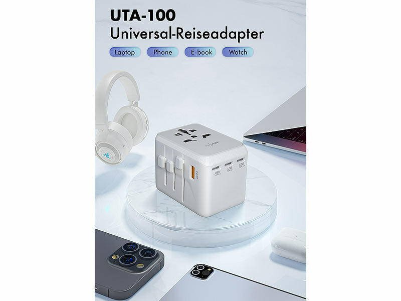 revolt Universal-Reiseadapter& Notebook-Netzteil UTA-100, GaN, 4xUSB-C, 1xUSB-A, PD, www.pearl.de (Die Bildrechte liegen bei dem Verfasser der Mitteilung.)