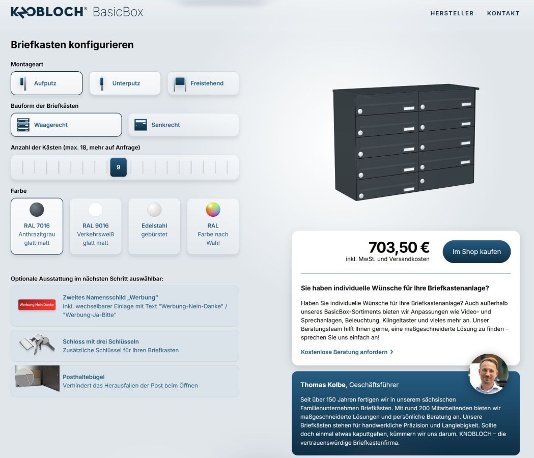 Der BasicBox-Konfigurator zeigt Aussehen und Endpreis in Echtzeit an. (© Max Knobloch Nachf. GmbH)
