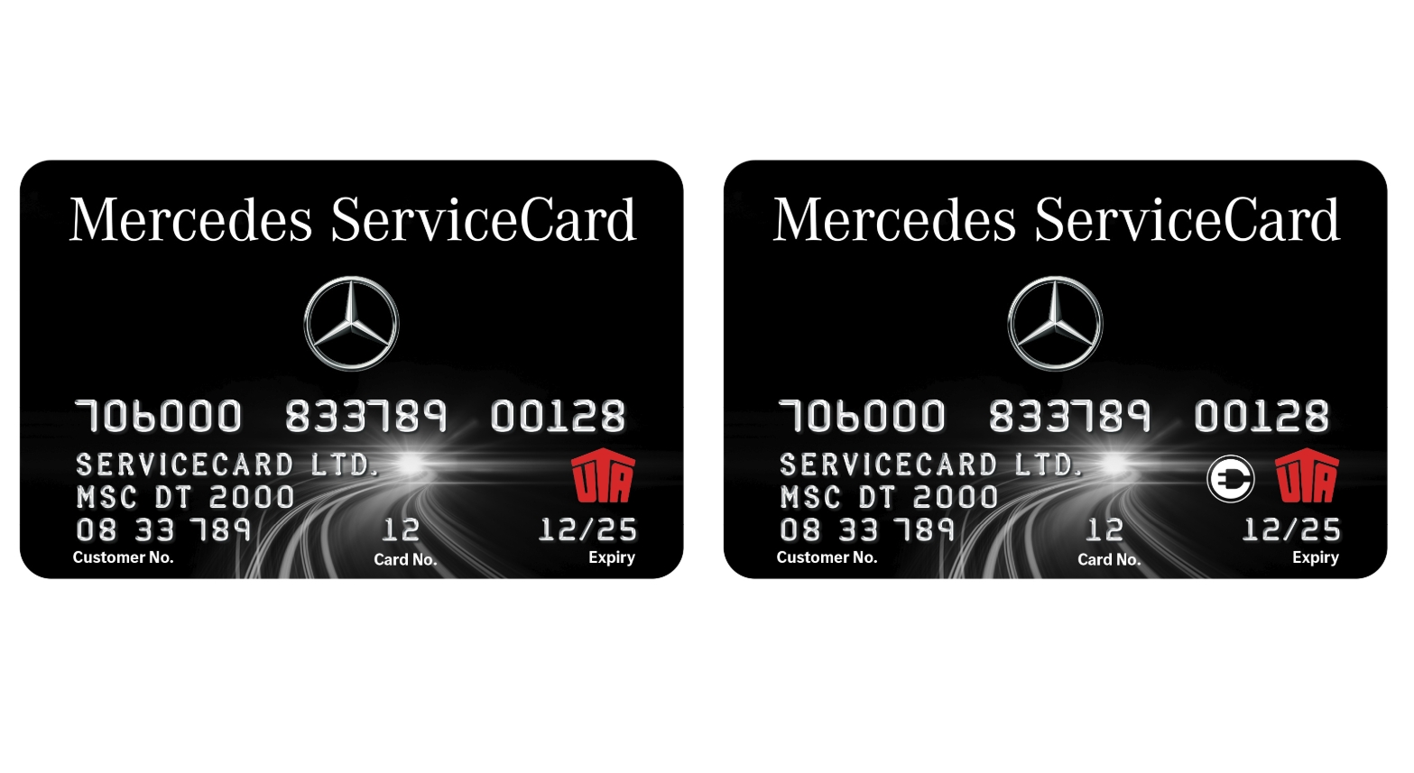 Die Mercedes ServiceCard Tankkarte (links) und Ladekarte (rechts). (Bildquelle:©Mercedes ServiceCard GmbH& Co. KG) Die Mercedes ServiceCard Tankkarte (links) und Ladekarte (rechts). (Bildquelle:©Mercedes ServiceCard GmbH& Co. KG)