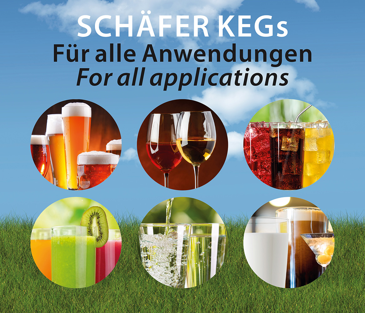 SCHÄFER KEGs aus Edelstahl für Wein, Fruchtsaft, Wasser, Softgetränke, Spirituosen und Bier. (Die Bildrechte liegen bei dem Verfasser der Mitteilung.)