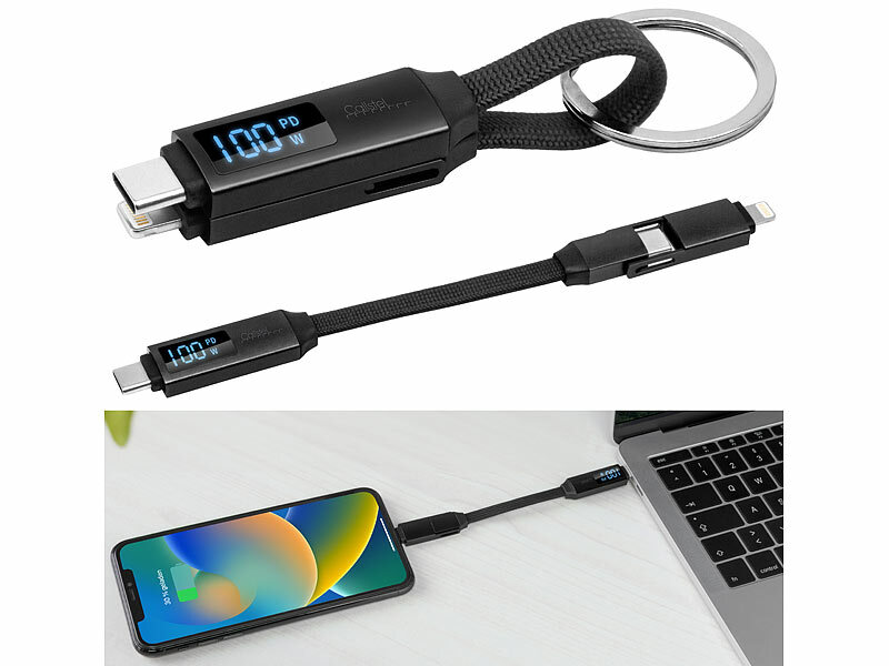 Callstel 3in1-Daten- und Schnellladekabel, 100 Watt, PD, OTG, USB-C, Lightning, www.pearl.de (Die Bildrechte liegen bei dem Verfasser der Mitteilung.)