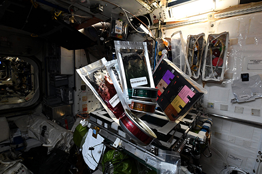 Astronautennahrung steckt in Spezialverpackungen, die schützen und eine sichere Zubereitung sichern. (Bildquelle: ESA/NASA - T. Pesquet)