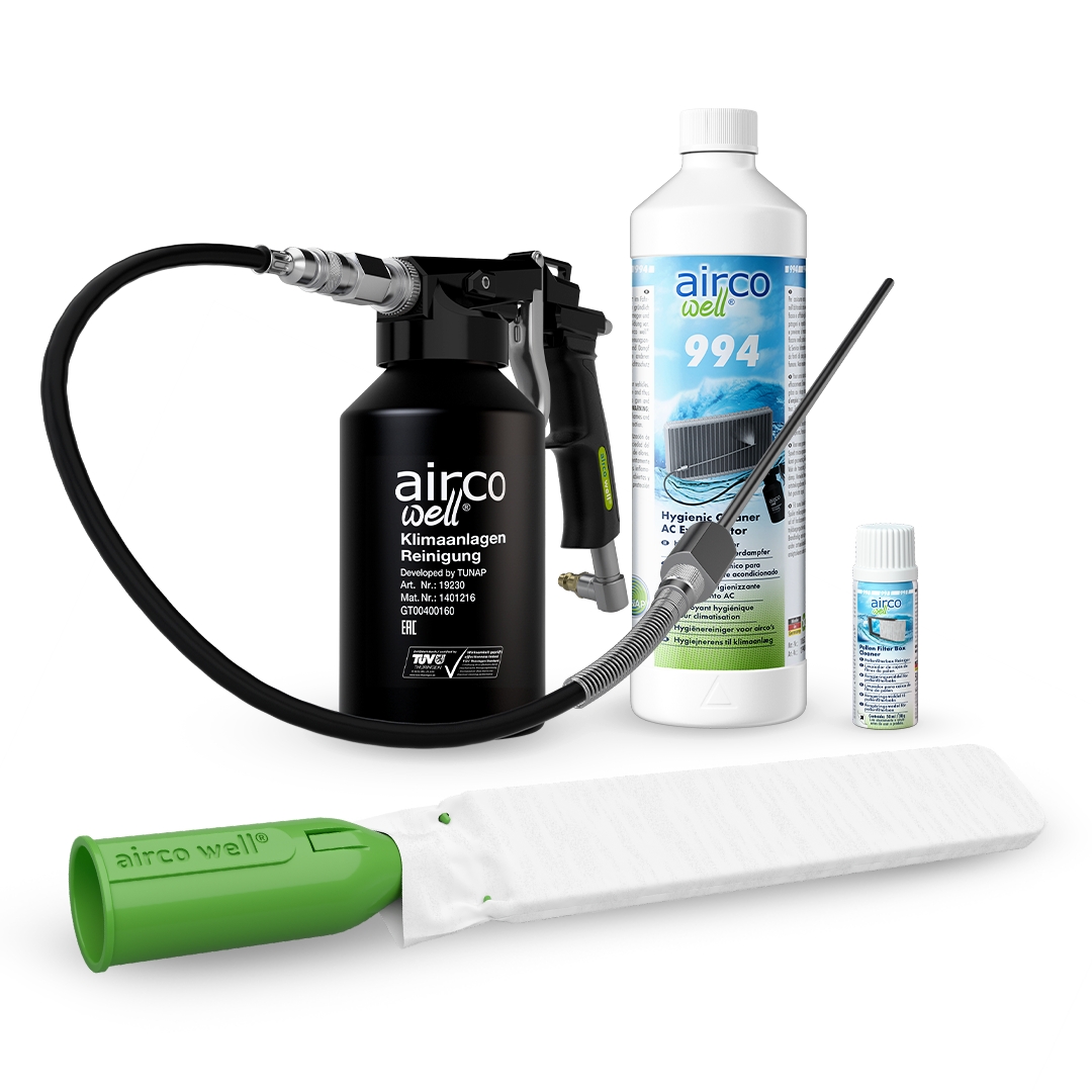 Die neuen airco well Startersets von Tunap: Hygiene-Reiniger, Druckbecherpistole und Reinigungstool (Die Bildrechte liegen bei dem Verfasser der Mitteilung.)
