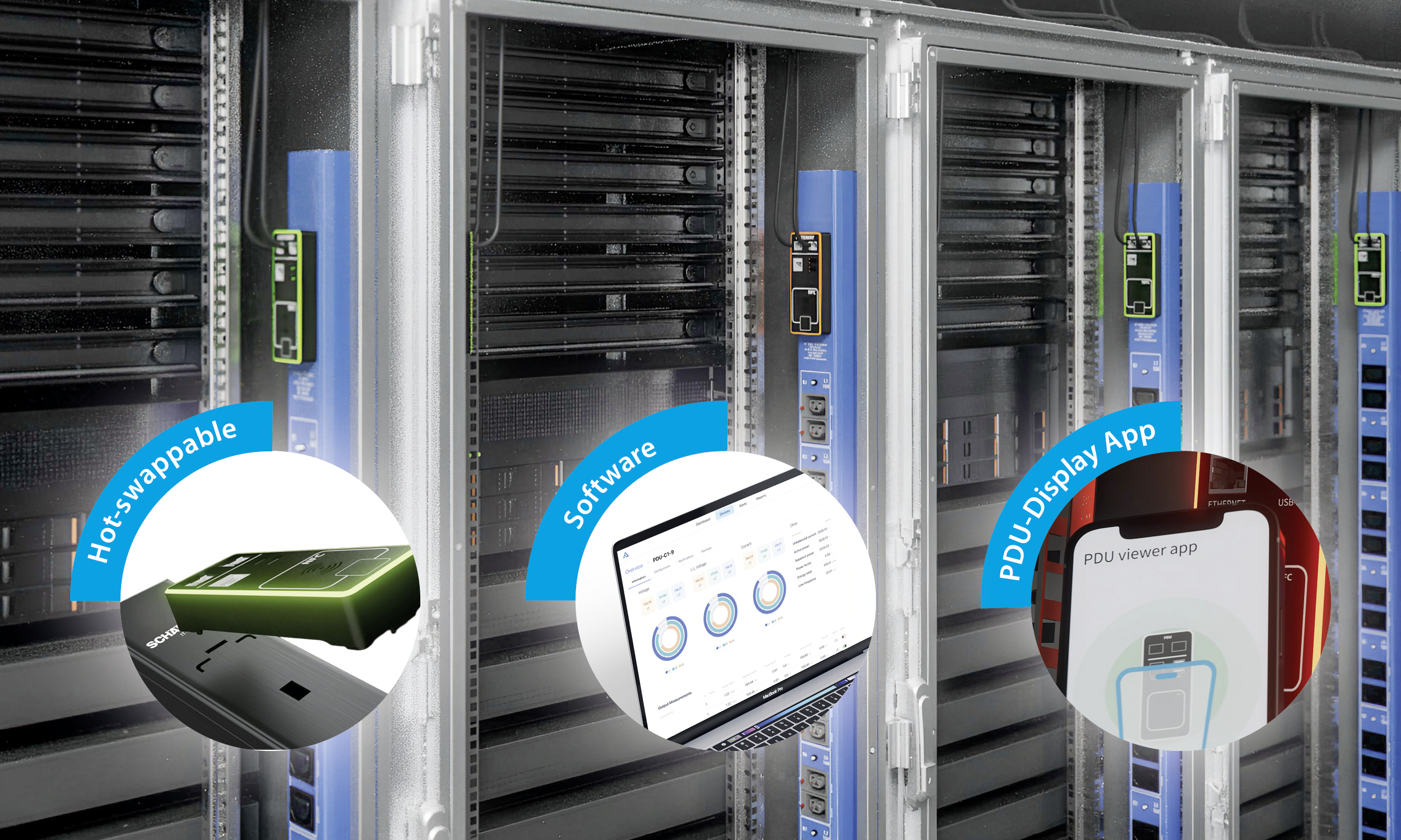 xFlex PDU verbaut in Racks und linear verkettet mittels Daisy-Chain-Verbindung.