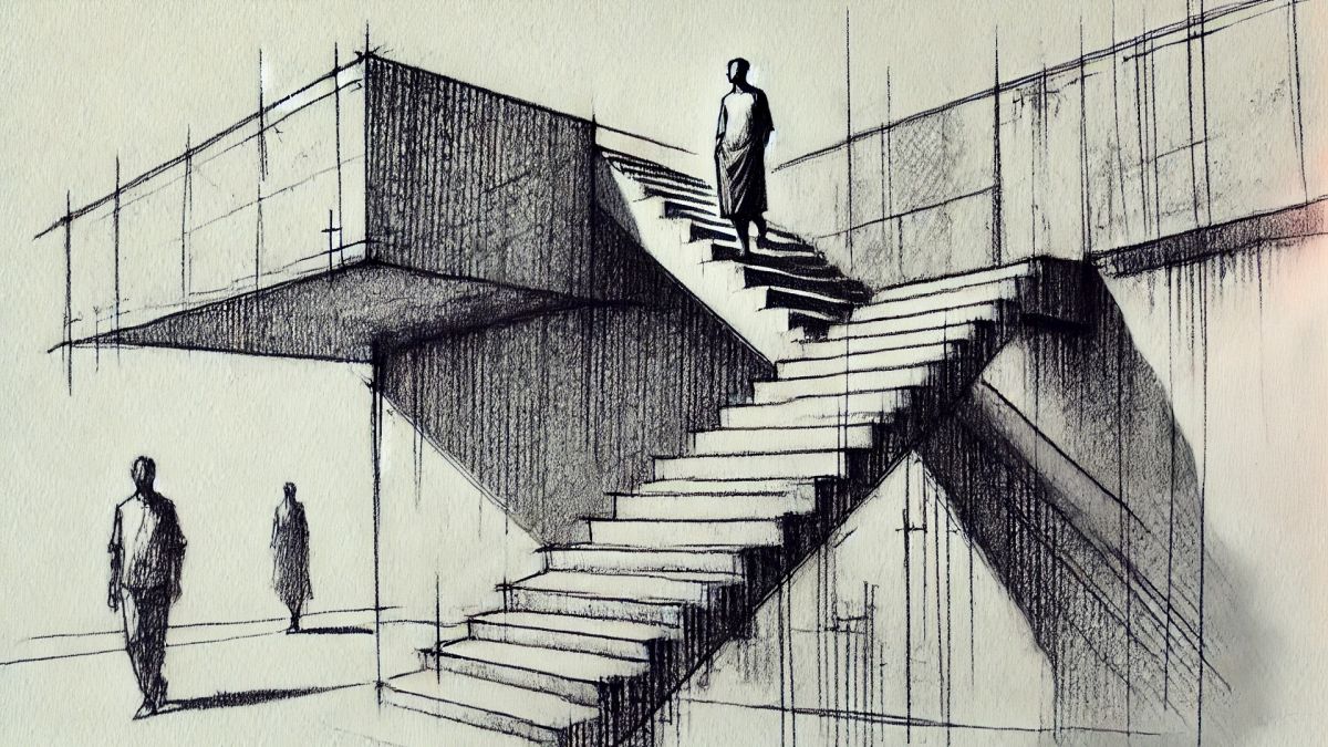 Das Modell zwischen Linien und Raum: eine stille Choreografie auf der Betontreppe. (© DREIFISCH)