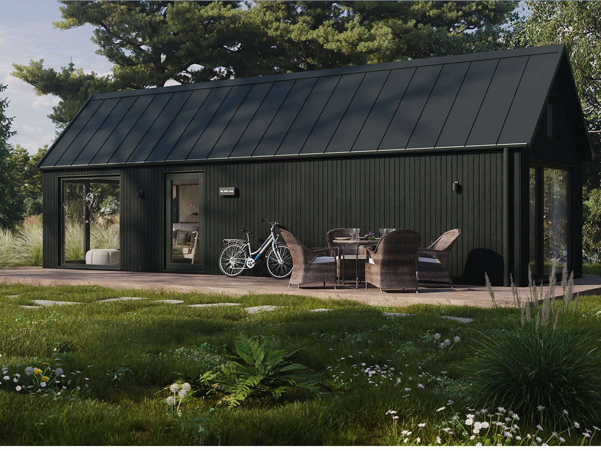 Außenansicht des MyCabin Fertighaus-Modells mit einer Wohnfläche von rund 40 Quadratmetern Außenansicht des MyCabin Fertighaus-Modells mit einer Wohnfläche von rund 40 Quadratmetern