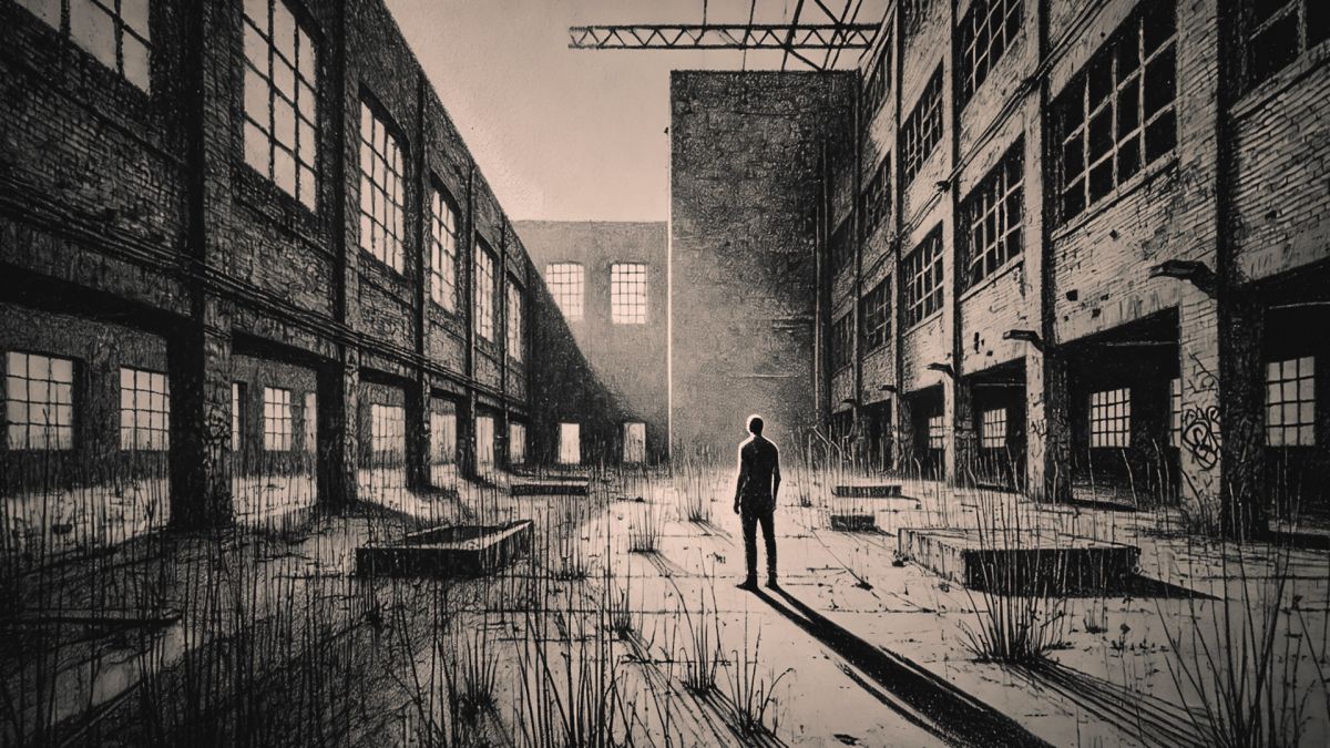 Zwischen Zerfall und Licht- Ein verlassener Hof, umgeben von Industrie und Natur. (© DREIFISCH)