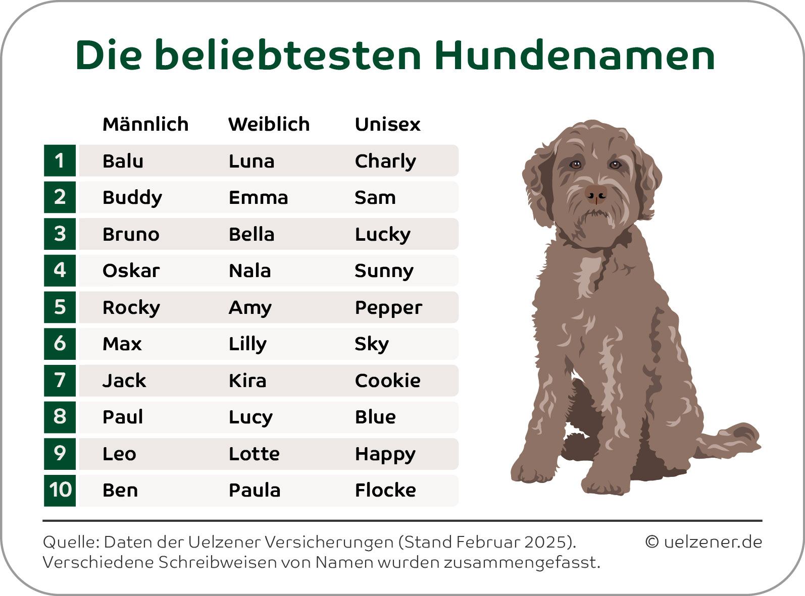 Deutschlands beliebteste Hundenamen basierend auf rund 360.000 Einträgen bei den Uelzener Versicherungen.