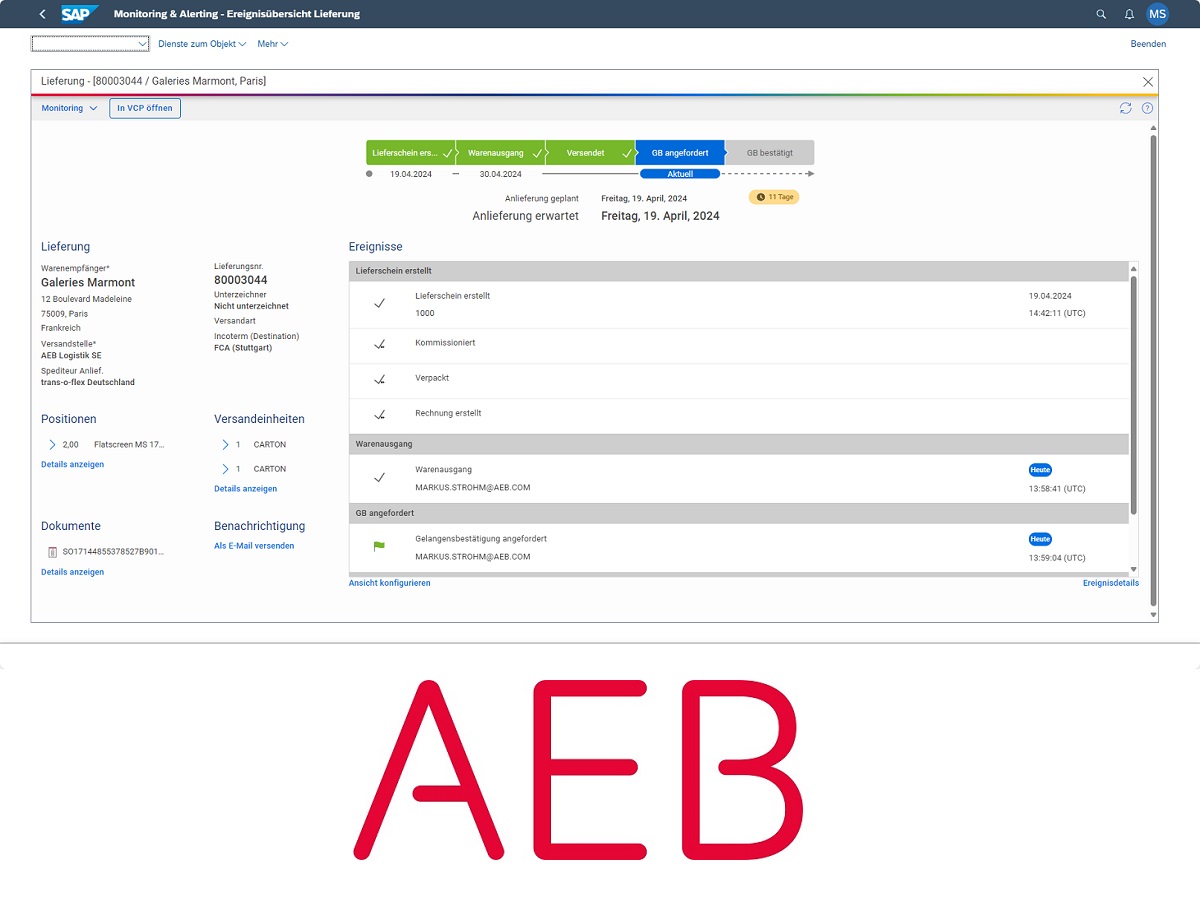 AEB SE: Mit Carrier Cloud for SAP lässt sich der Sendungsstatus direkt im SAP-System verfolgen. AEB SE: Mit Carrier Cloud for SAP lässt sich der Sendungsstatus direkt im SAP-System verfolgen.