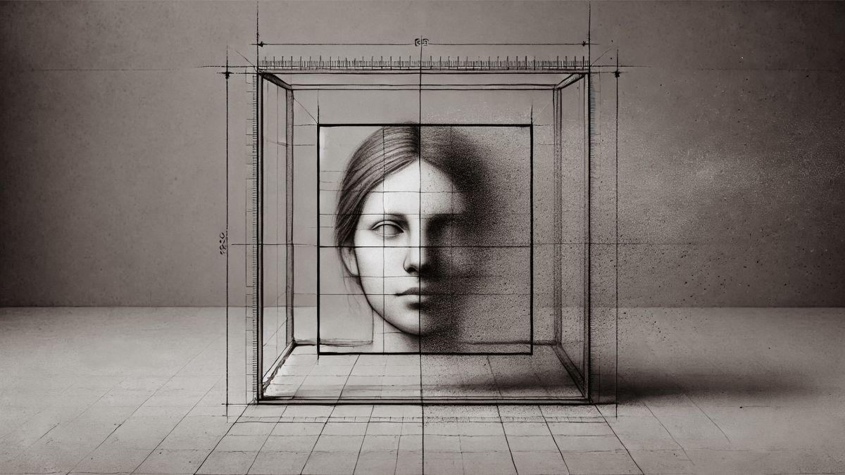 Ein Gesicht, halb vermessen, halb aufgelöst, eingefasst in ein geometrisches Gitter. (© DREIFISCH) Ein Gesicht, halb vermessen, halb aufgelöst, eingefasst in ein geometrisches Gitter. (© DREIFISCH)