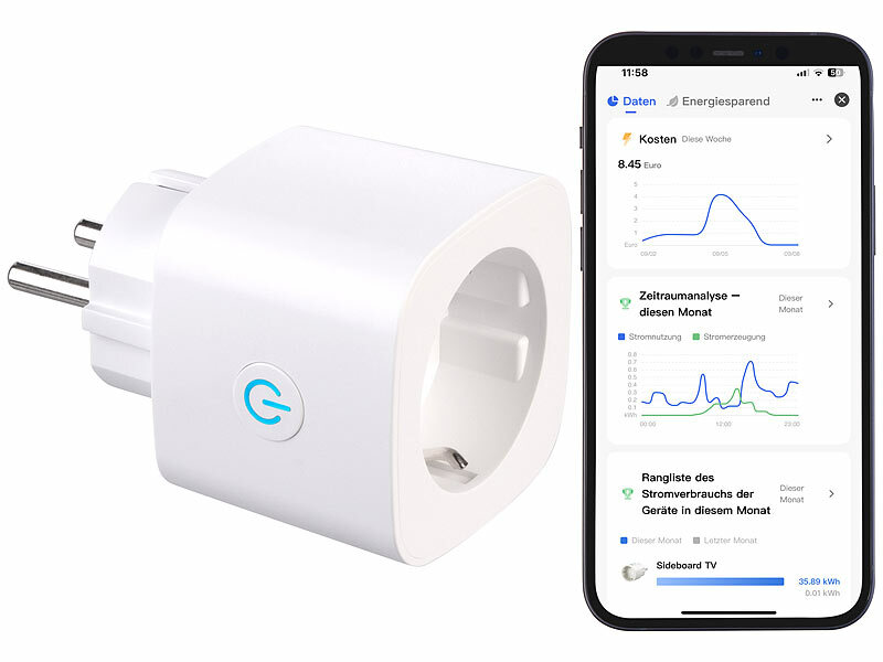 Luminea Home Control 2in1-WLAN-Steckdose SF-605.avs mit bidirektionaler Strom-Messung, www.pearl.de (Die Bildrechte liegen bei dem Verfasser der Mitteilung.) Luminea Home Control 2in1-WLAN-Steckdose SF-605.avs mit bidirektionaler Strom-Messung, www.pearl.de (Die Bildrechte liegen bei dem Verfasser der Mitteilung.)