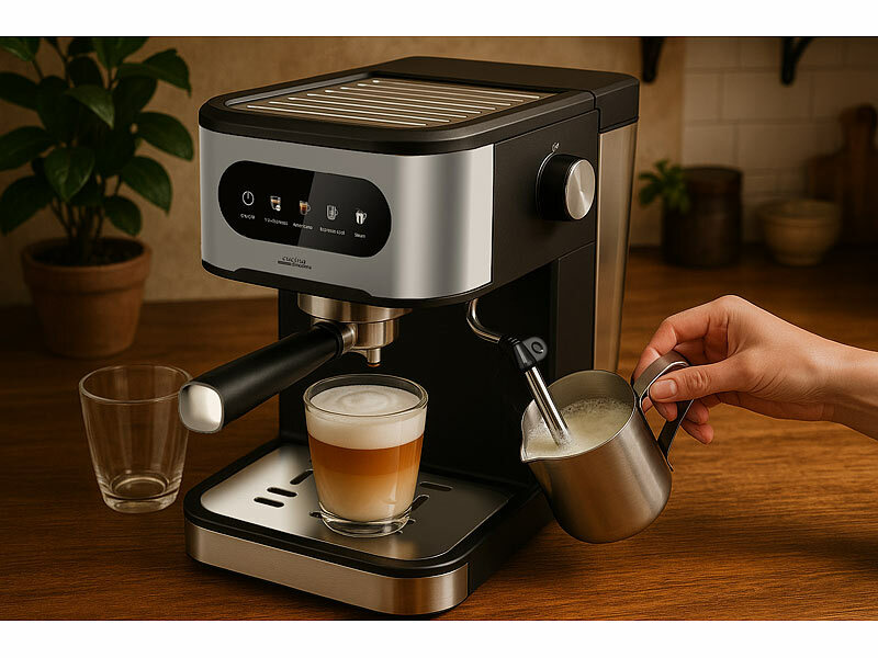 Cucina di Modena Espresso-Siebträgermaschine mit Milchaufschäumer und Milchtank, www.pearl.de (Die Bildrechte liegen bei dem Verfasser der Mitteilung.) Cucina di Modena Espresso-Siebträgermaschine mit Milchaufschäumer und Milchtank, www.pearl.de (Die Bildrechte liegen bei dem Verfasser der Mitteilung.)
