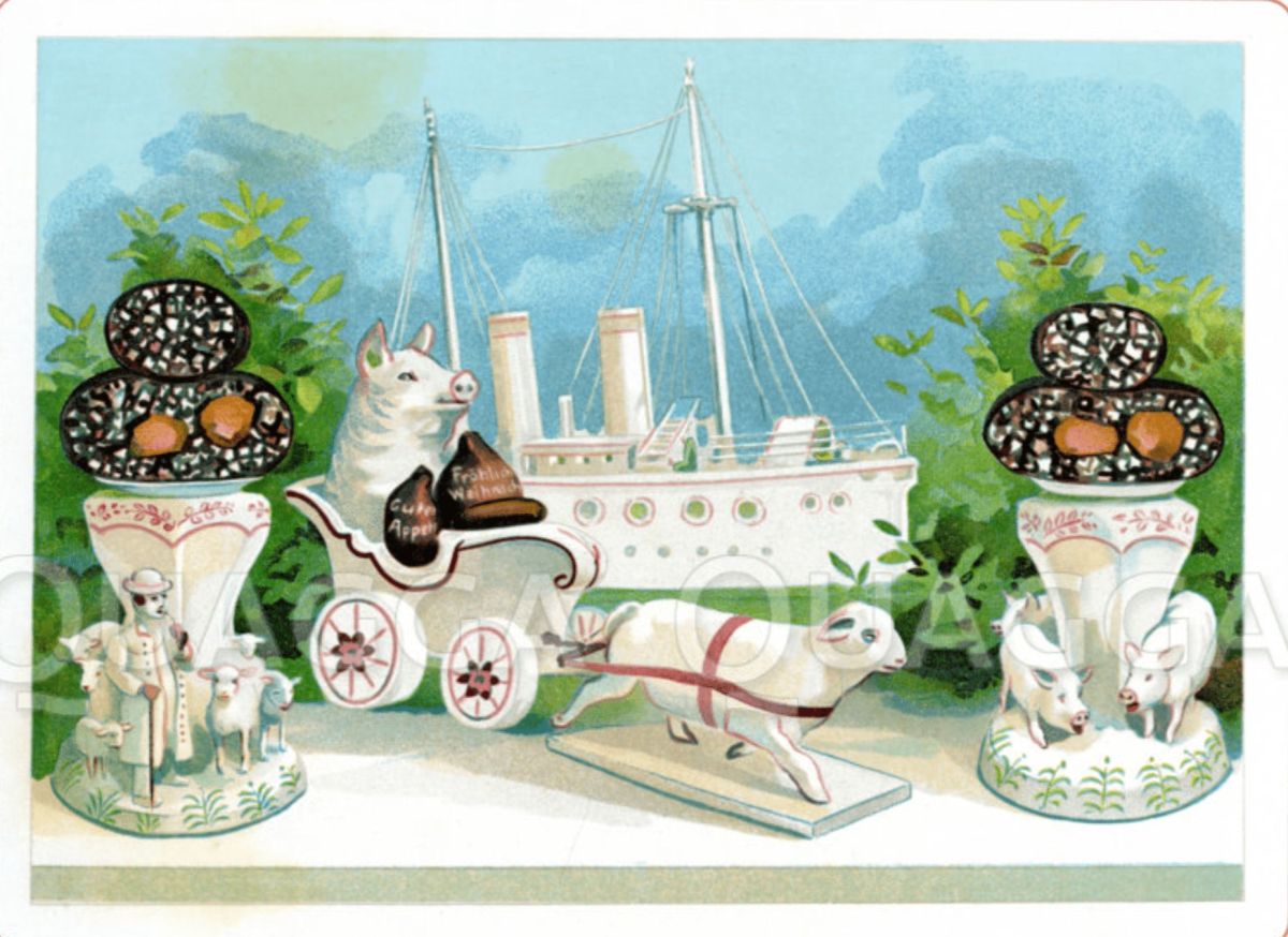 Dekorations-Vorschlag für das Schaufenster einer Fleischerei | Chromolithographie (© Quagga Illustrations)