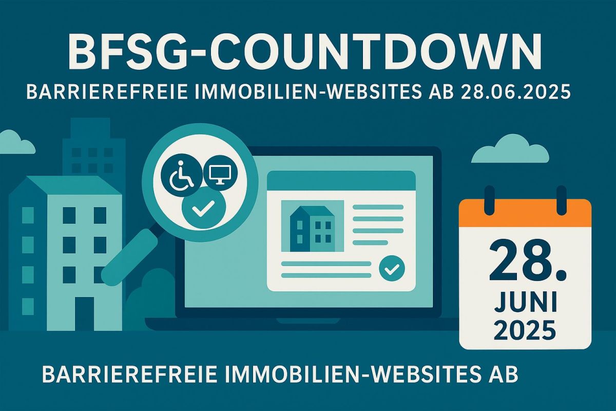 Illustration: Skyline und Laptop mit zugänglichem Immobilien-Exposé, daneben Kalender 
